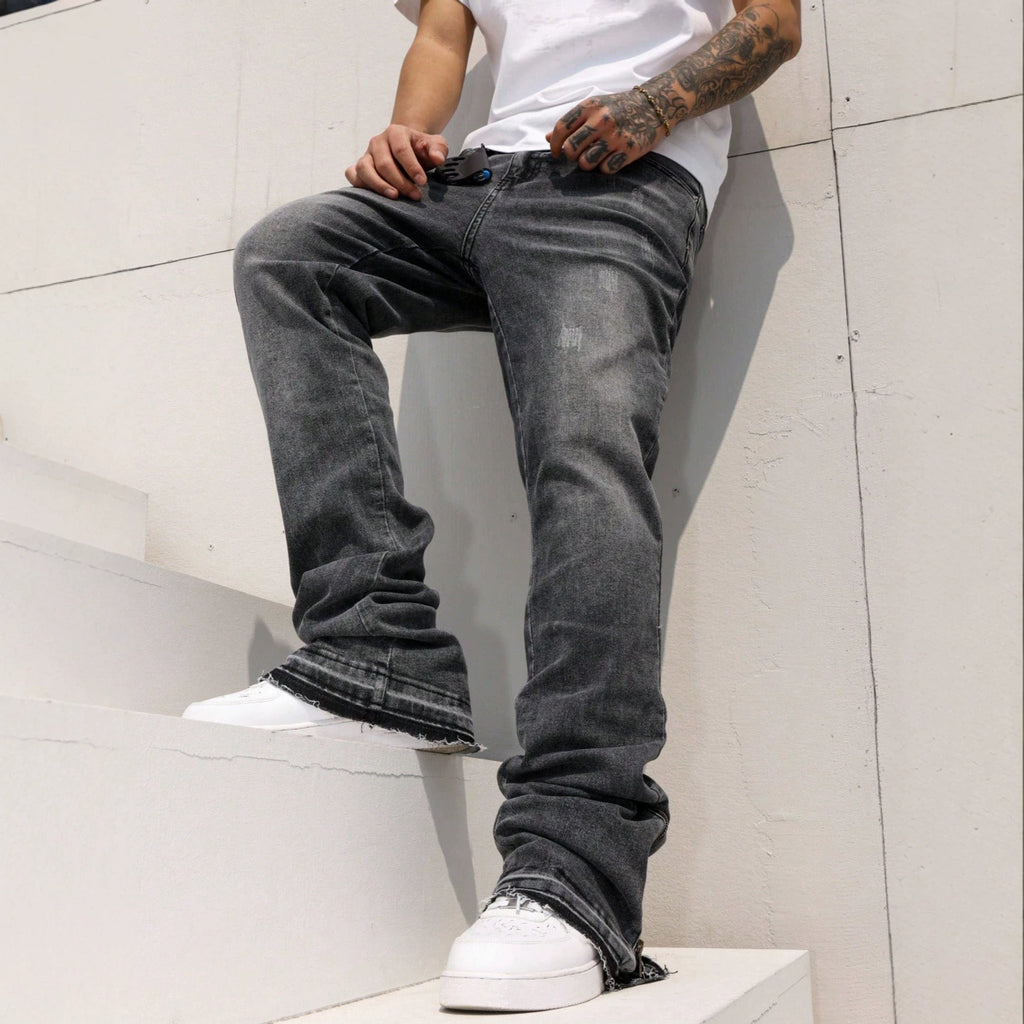 Men's Relaxed Fit Flared Jeans – Vintage Wash Straight Leg Denim Pants - VibeVaultSupply