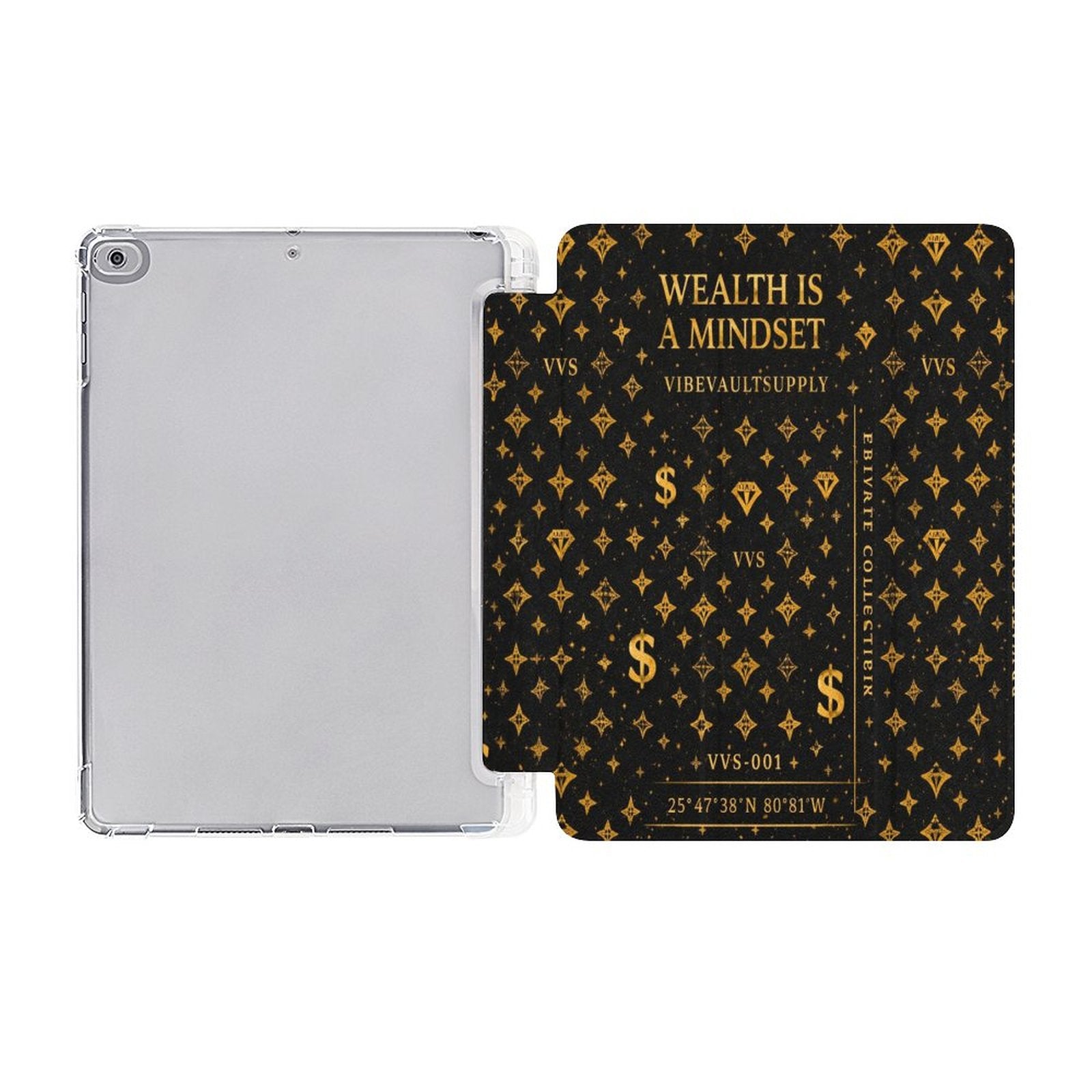 Wealth Is A Mindset iPad Case – Black & Gold Luxury Tablet Case with Pencil Holder | VibeVaultSupply - VibeVaultSupply