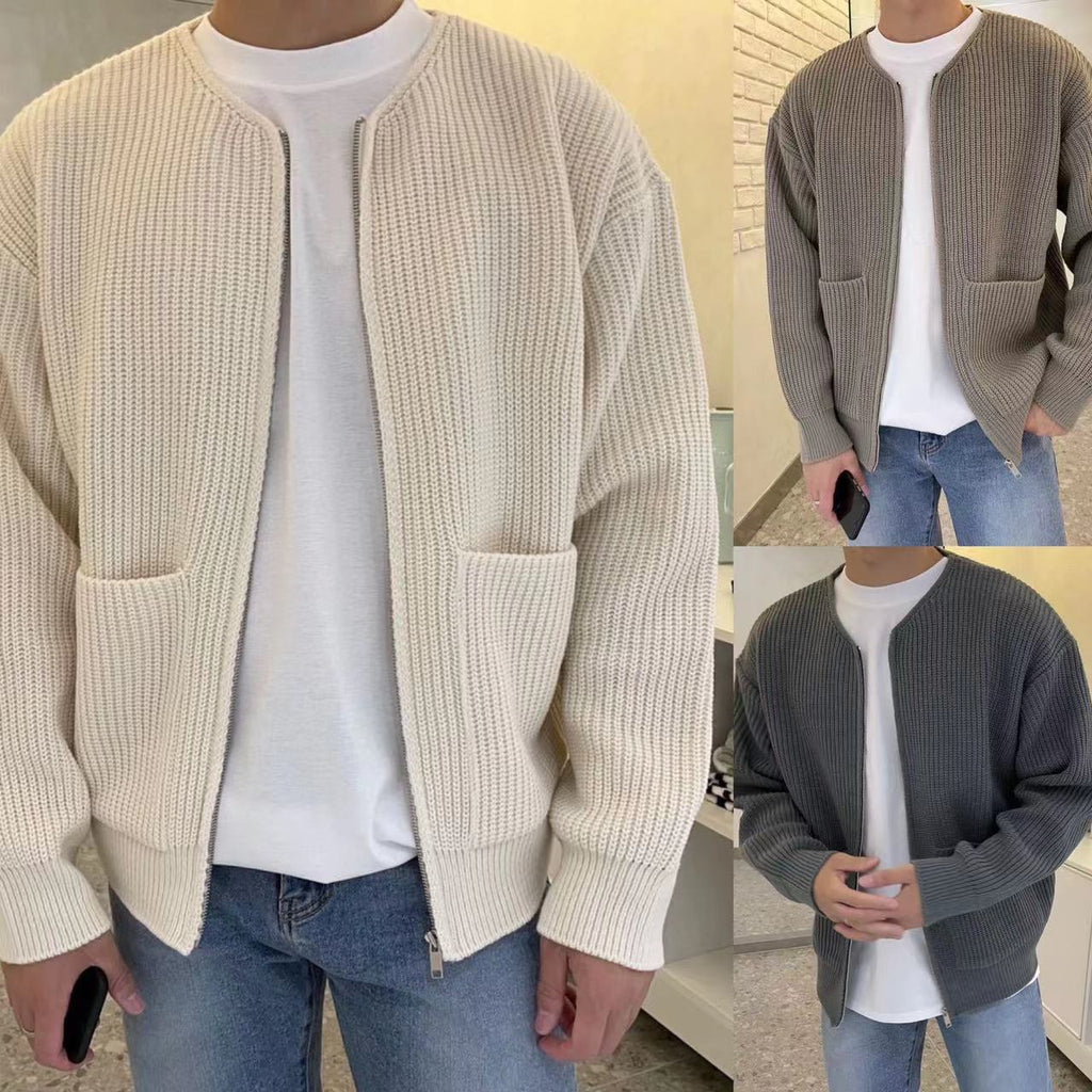 Men's Oversized Ribbed Knit Zip Cardigan Jacket - VibeVaultSupply