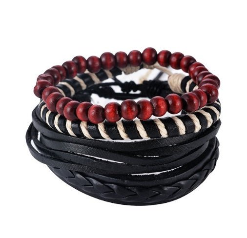 Multi - Layer Bracelet Set – Adjustable Leather & Beaded Bracelets | Men’s & Unisex Stackable Jewelry (Multiple Styles & Colors) - VibeVaultSupply