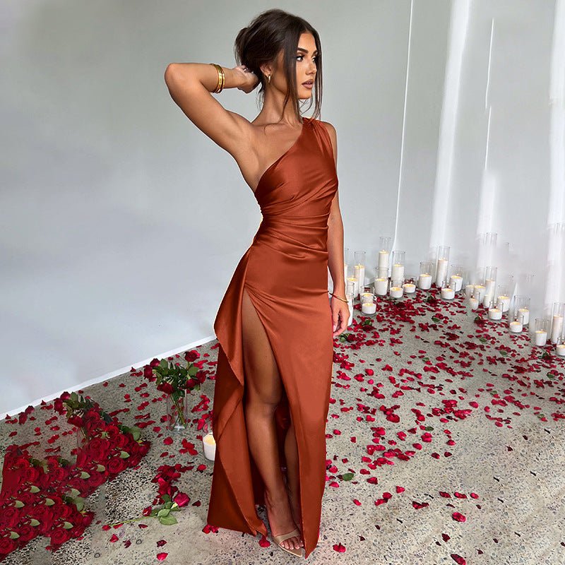 Women's One-Shoulder Satin Maxi Dress – Elegant Slit Gown - VibeVaultSupply