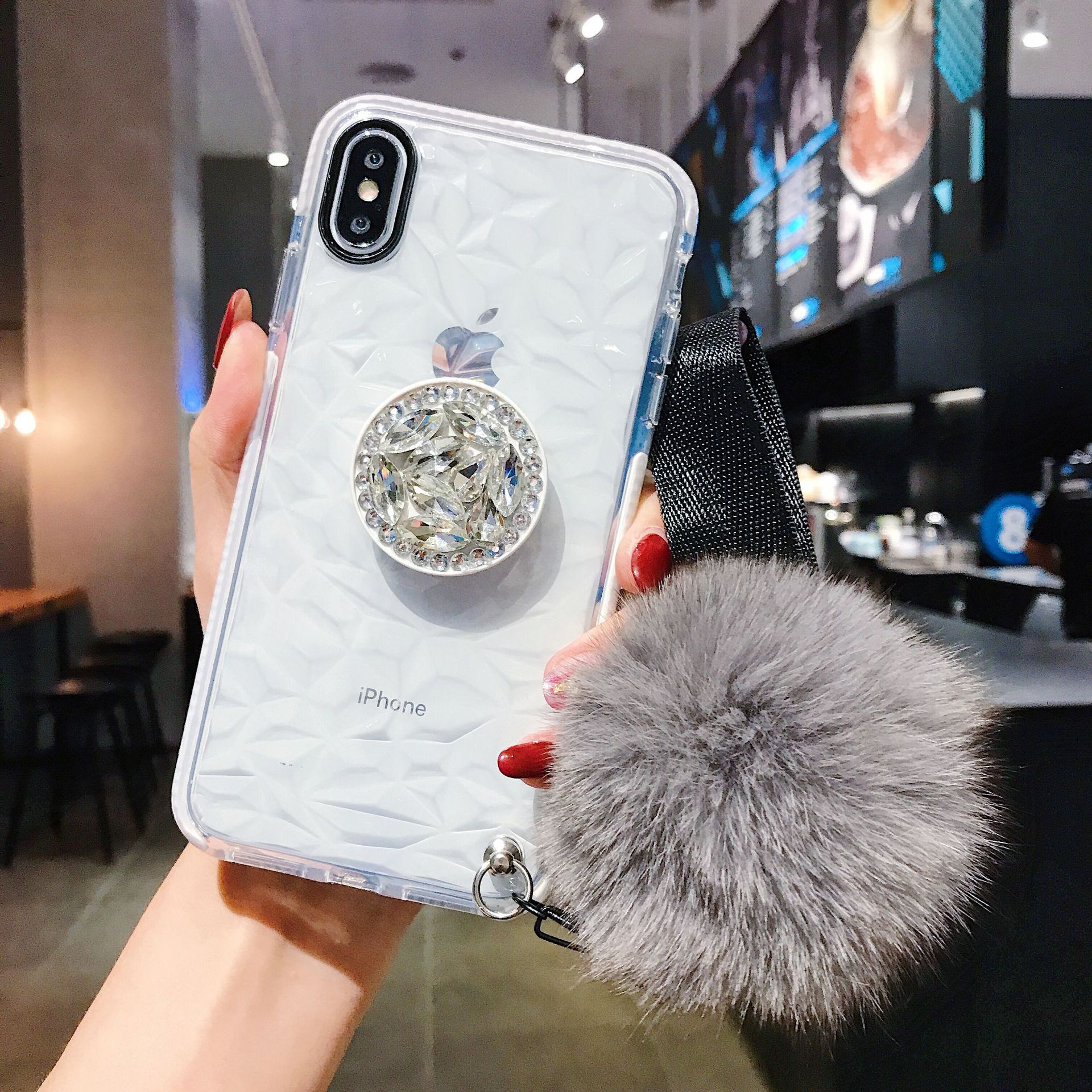 Crystal Charm Phone Case – Luxury Rhinestone iPhone Case with Pom Grip | VibeVault Supply - VibeVaultSupply