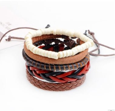 Multi - Layer Bracelet Set – Adjustable Leather & Beaded Bracelets | Men’s & Unisex Stackable Jewelry (Multiple Styles & Colors) - VibeVaultSupply