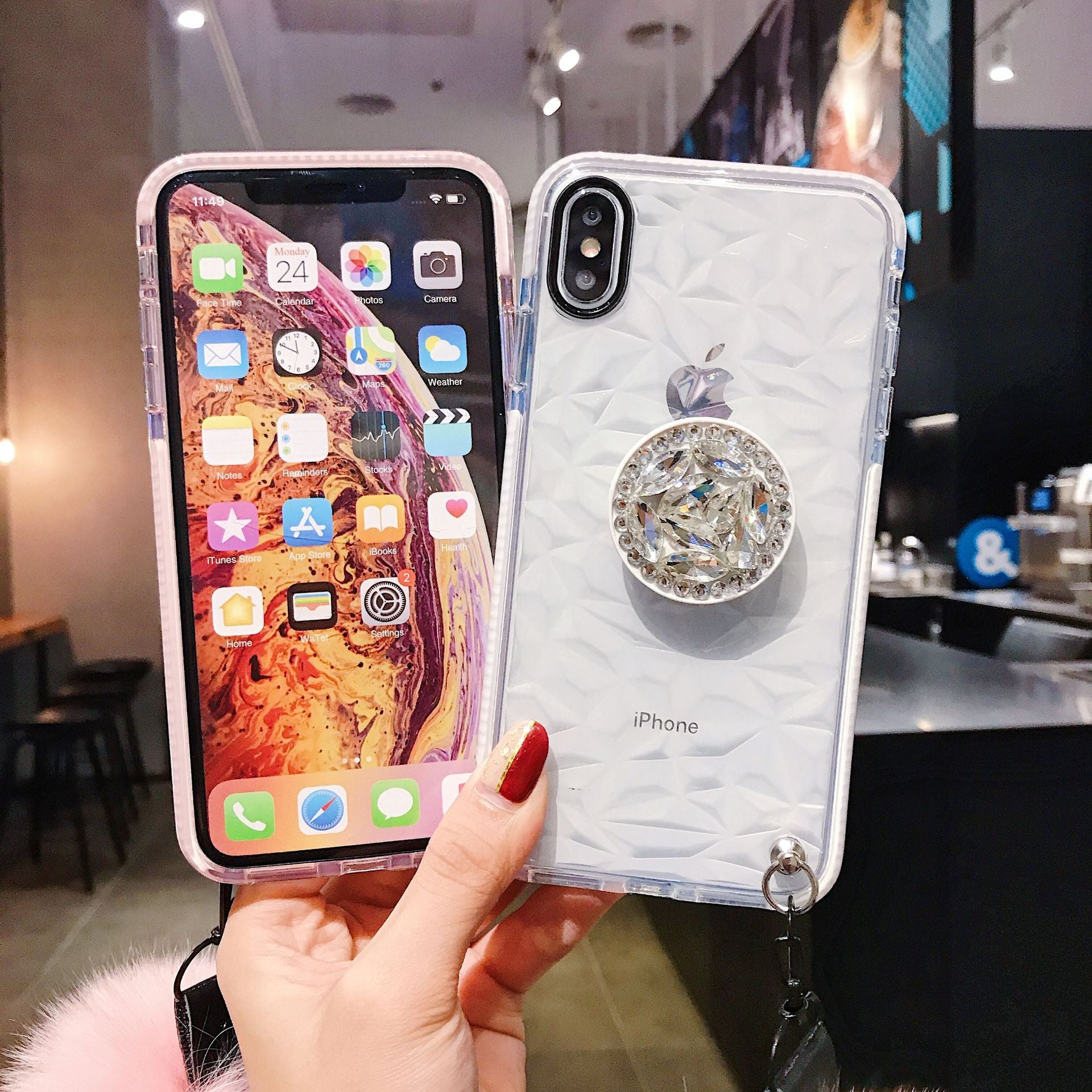 Crystal Charm Phone Case – Luxury Rhinestone iPhone Case with Pom Grip | VibeVault Supply - VibeVaultSupply