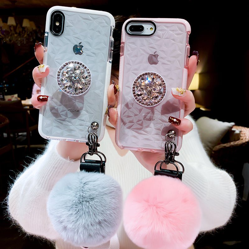 Crystal Charm Phone Case – Luxury Rhinestone iPhone Case with Pom Grip | VibeVault Supply - VibeVaultSupply