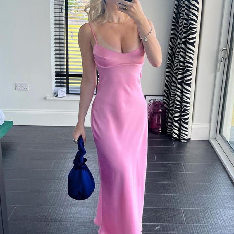 Women's Satin Backless Maxi Dress – Elegant Summer Slip Dress - VibeVaultSupply