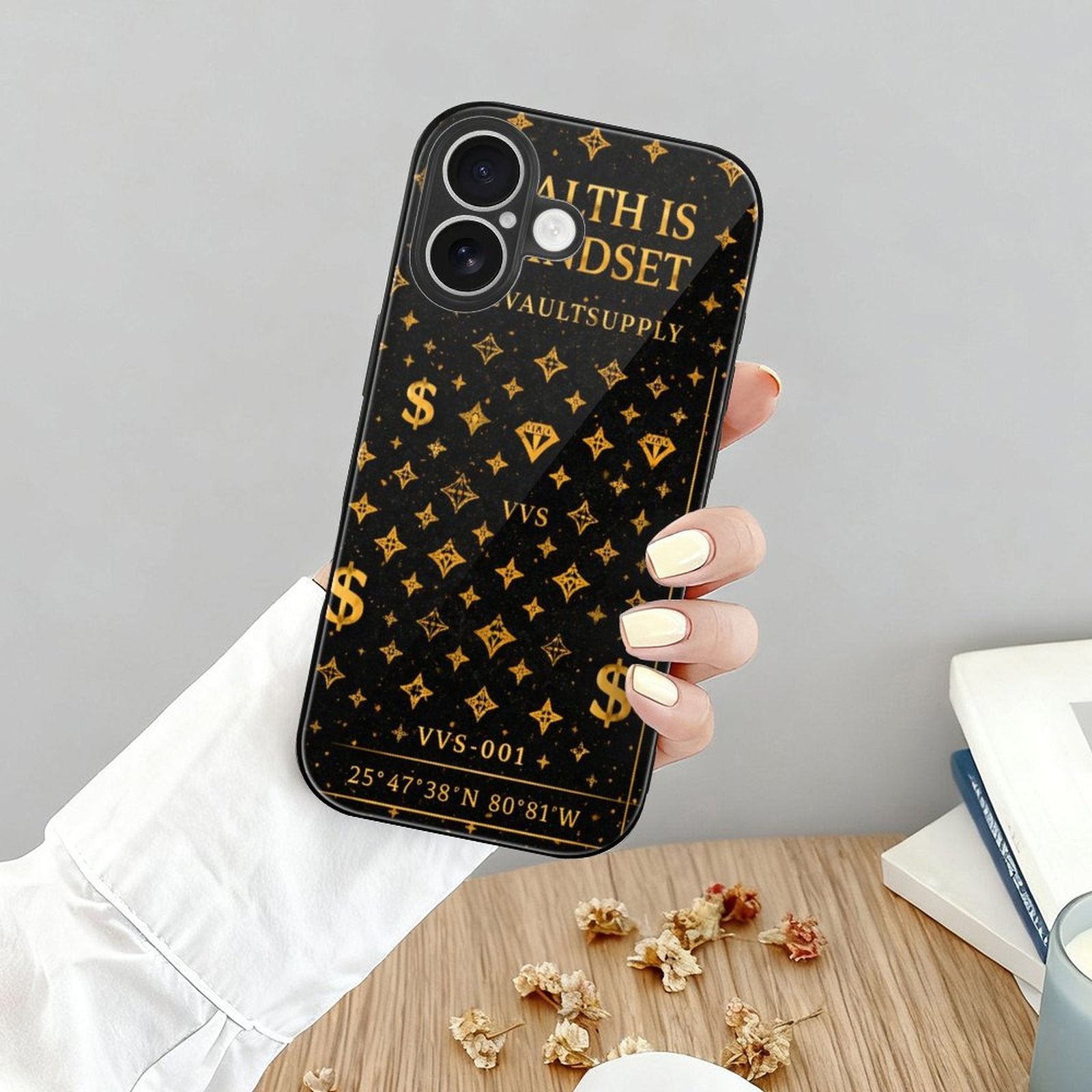 Wealth Is A Mindset Glass iPhone Case – Black & Gold Luxury Phone Case | VibeVaultSupply - VibeVaultSupply