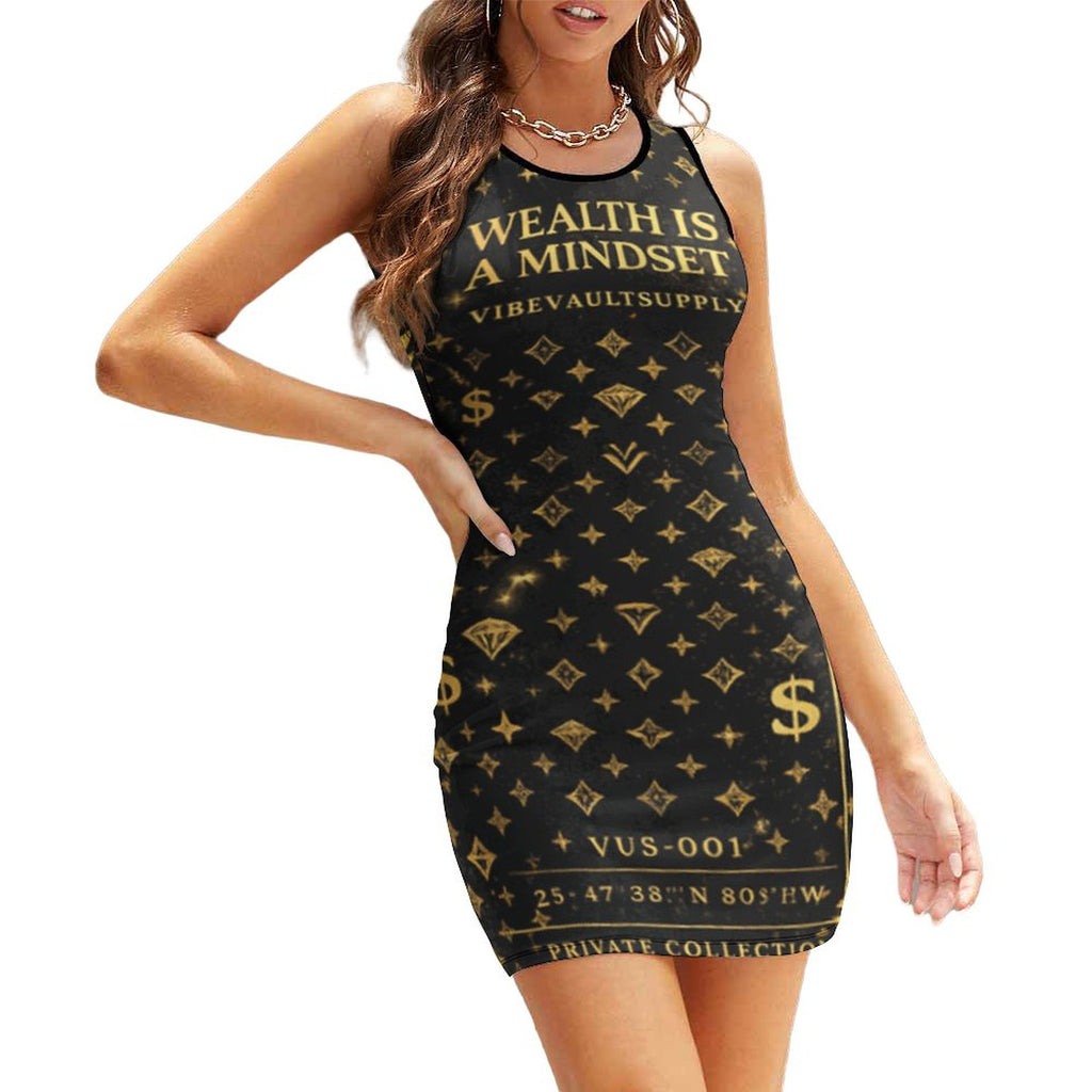 Wealth Is A Mindset Bodycon Dress – Black & Gold Luxury Mini Dress | VibeVaultSupply - VibeVaultSupply