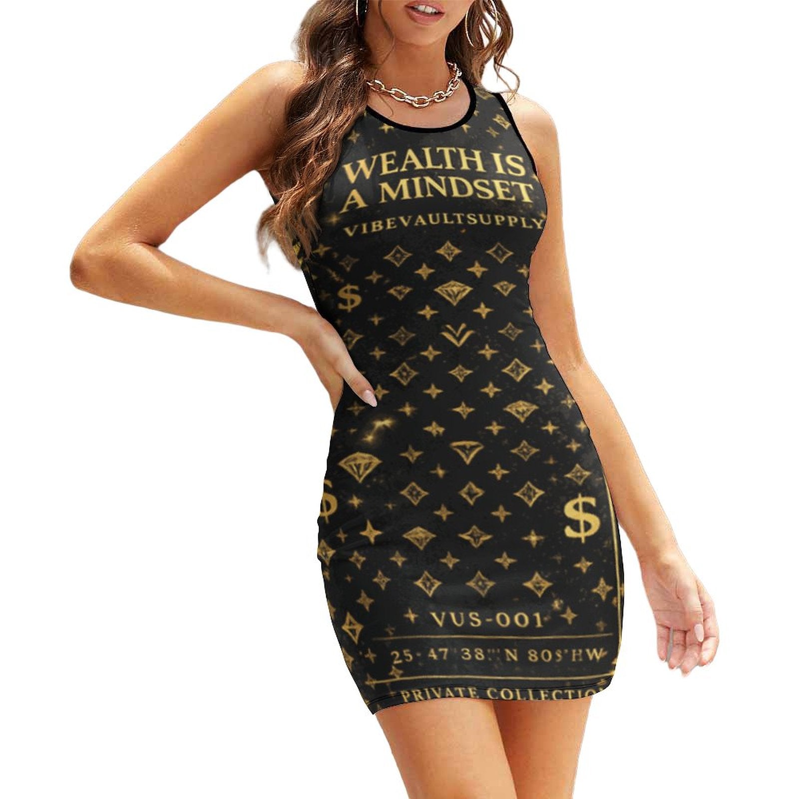 Wealth Is A Mindset Bodycon Dress – Black & Gold Luxury Mini Dress | VibeVaultSupply - VibeVaultSupply