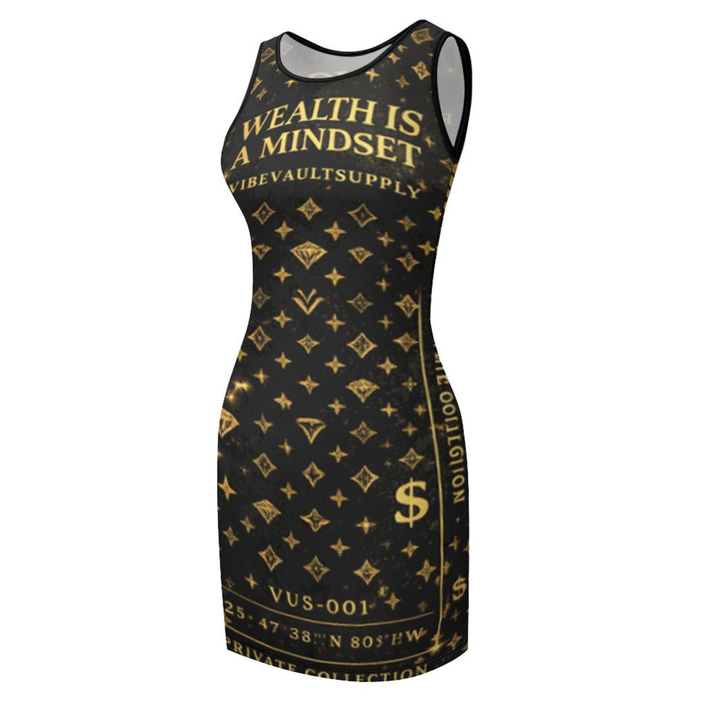 Wealth Is A Mindset Bodycon Dress – Black & Gold Luxury Mini Dress | VibeVaultSupply - VibeVaultSupply