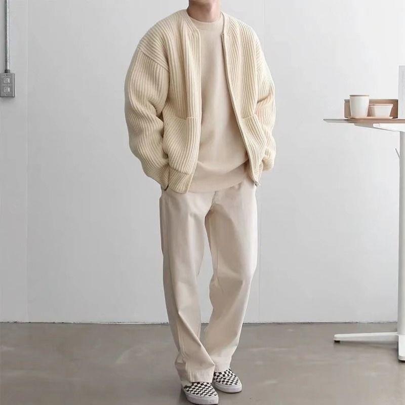 Men's Oversized Ribbed Knit Zip Cardigan Jacket - VibeVaultSupply