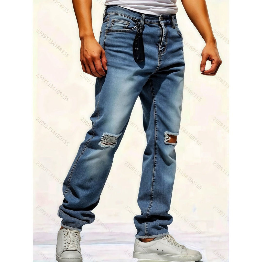 Men's Vintage Wash Ripped Wide Leg Jeans - VibeVaultSupply