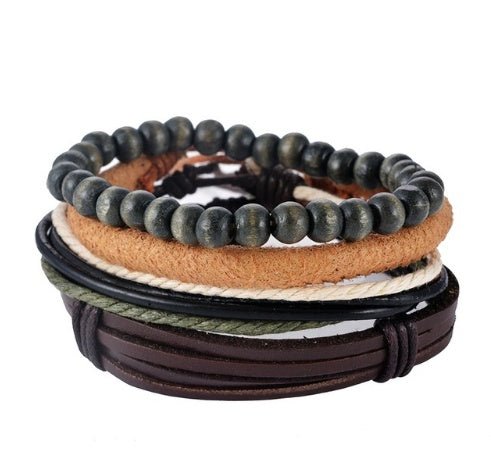 Multi - Layer Bracelet Set – Adjustable Leather & Beaded Bracelets | Men’s & Unisex Stackable Jewelry (Multiple Styles & Colors) - VibeVaultSupply