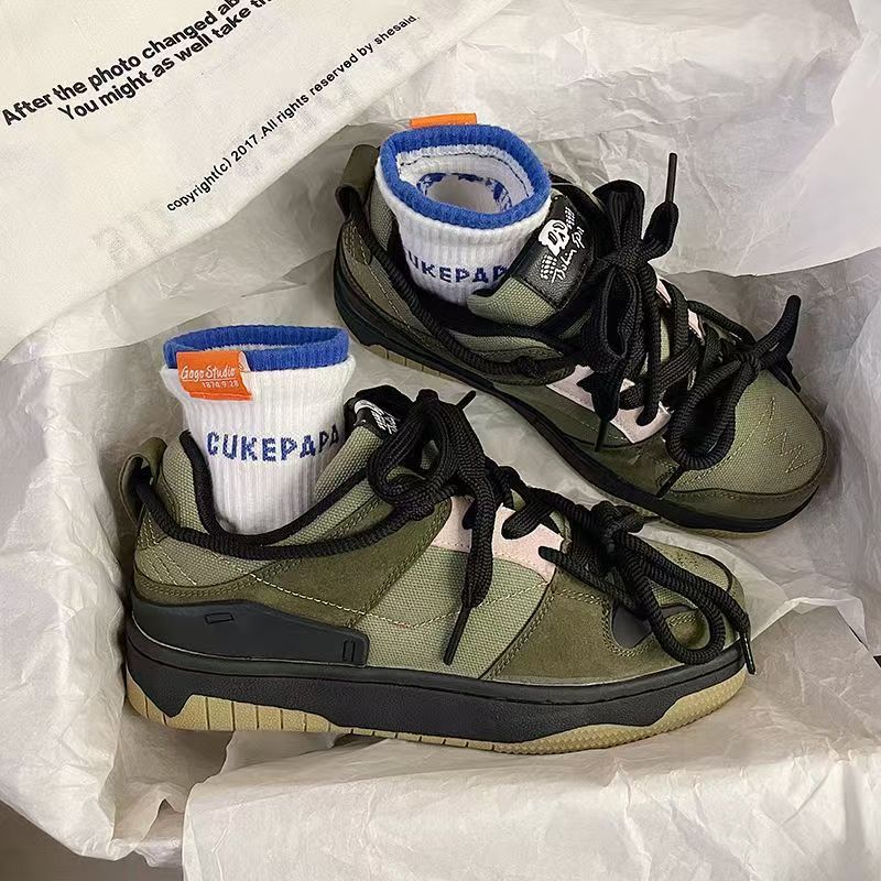 VibeVaultSupply Chunky Lace - Up Sneakers – Breathable Mesh Casual Shoes | Lightweight Everyday Trainers (Black & Army Green) - VibeVaultSupply