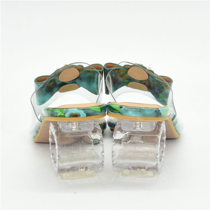 Women's Rhinestone Transparent Block Heel Sandals - VibeVaultSupply