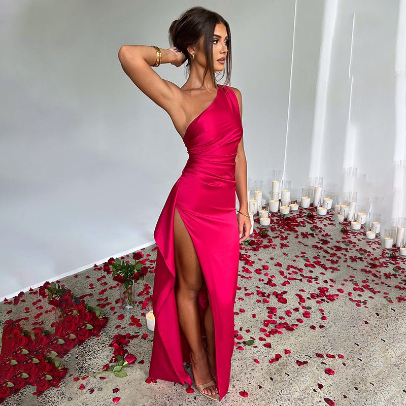Women's One-Shoulder Satin Maxi Dress – Elegant Slit Gown - VibeVaultSupply
