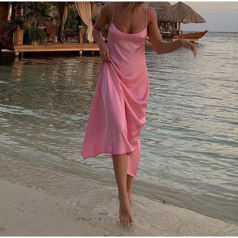 Women's Satin Backless Maxi Dress – Elegant Summer Slip Dress - VibeVaultSupply