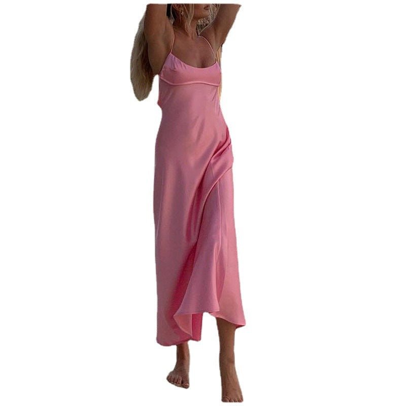 Women's Satin Backless Maxi Dress – Elegant Summer Slip Dress - VibeVaultSupply