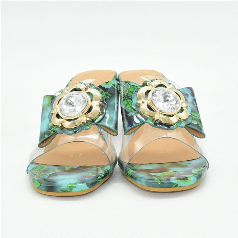 Women's Rhinestone Transparent Block Heel Sandals - VibeVaultSupply