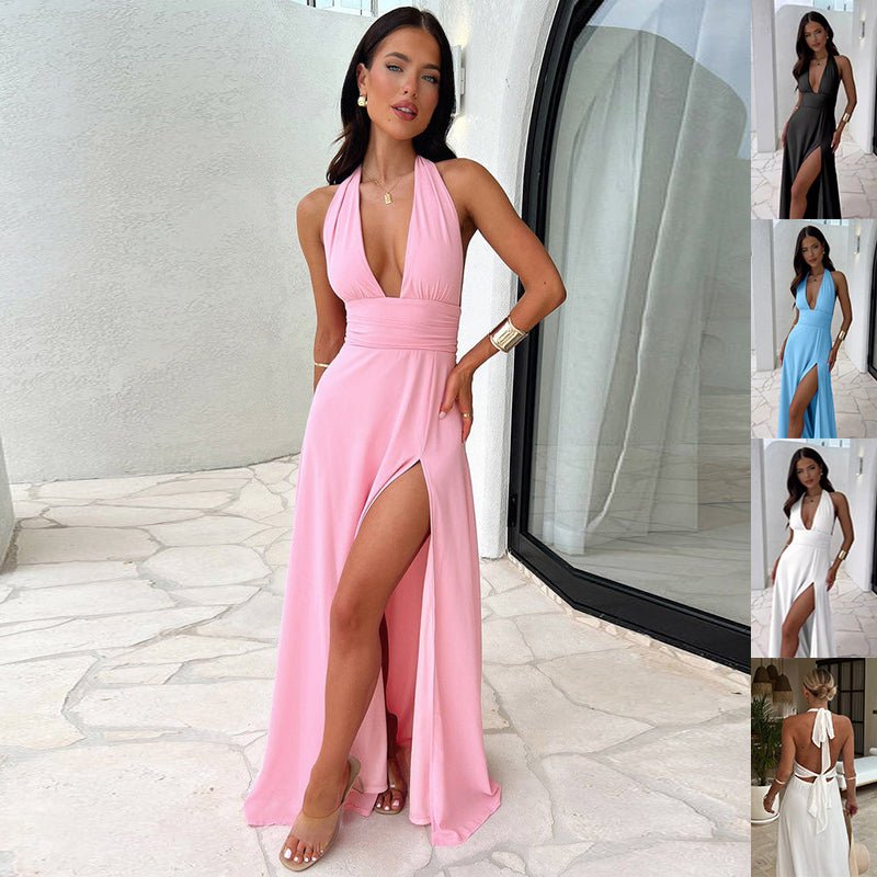 Women's Halter Neck Maxi Dress – Backless High Slit Gown - VibeVaultSupply