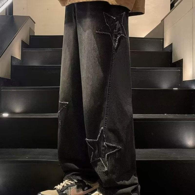 Men's Star Embroidered Wide Leg Jeans – Y2K Streetwear Denim - VibeVaultSupply