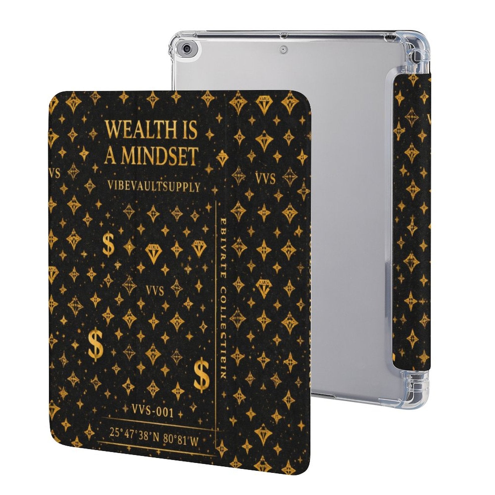 Wealth Is A Mindset iPad Case – Black & Gold Luxury Tablet Case with Pencil Holder | VibeVaultSupply - VibeVaultSupply