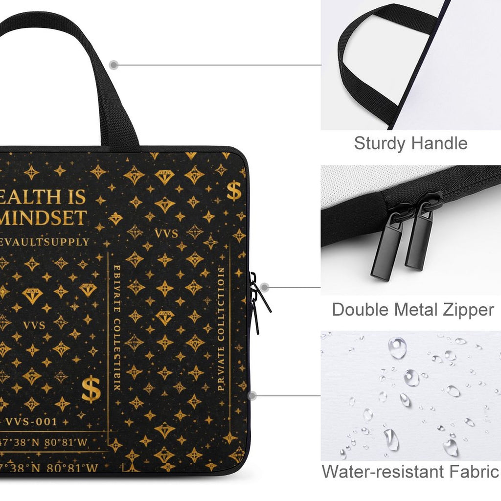 Wealth Is A Mindset Laptop Sleeve – Black & Gold Luxury Laptop Case | VibeVault Supply - VibeVaultSupply
