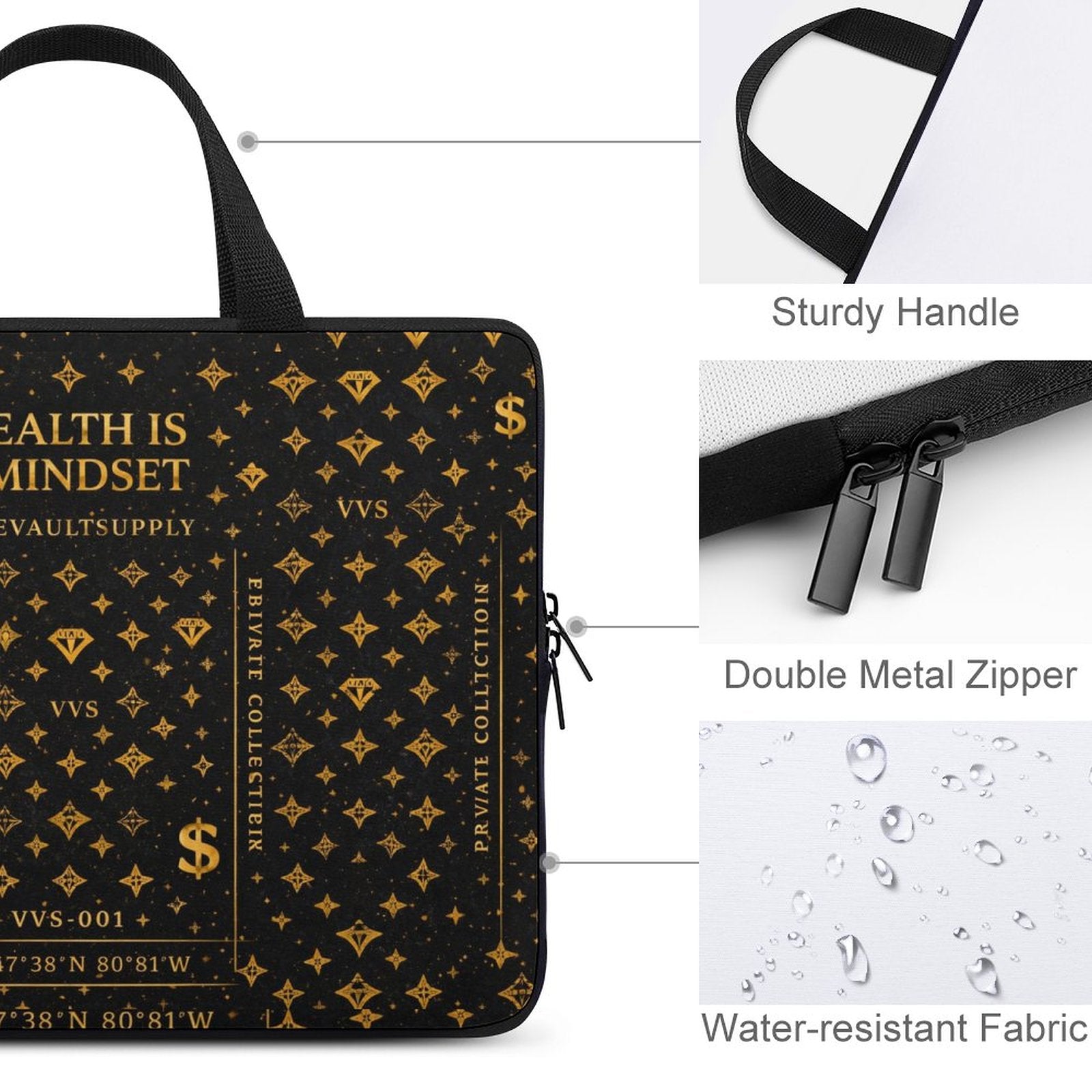 Wealth Is A Mindset Laptop Sleeve – Black & Gold Luxury Laptop Case | VibeVault Supply - VibeVaultSupply