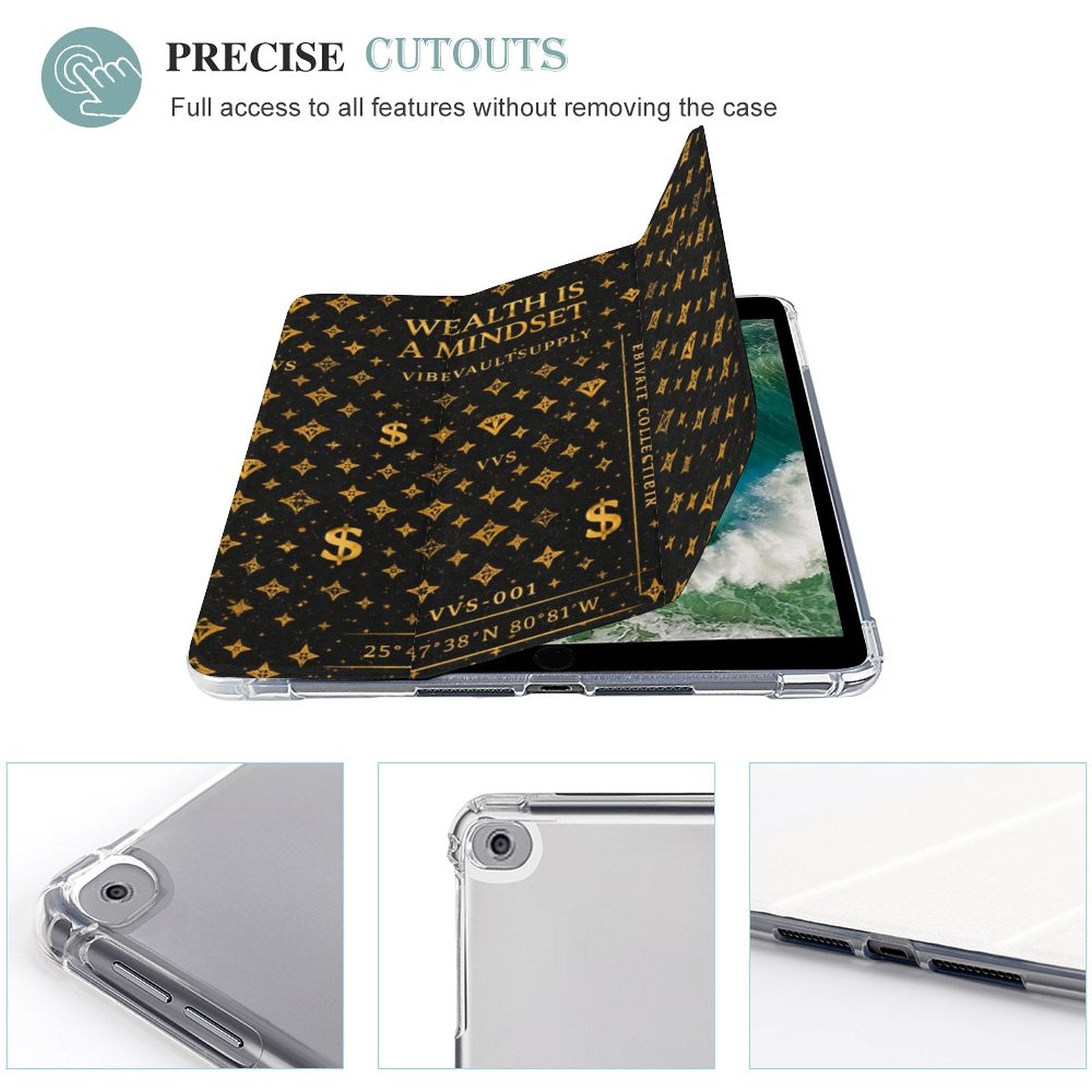 Wealth Is A Mindset iPad Case – Black & Gold Luxury Tablet Case with Pencil Holder | VibeVaultSupply - VibeVaultSupply