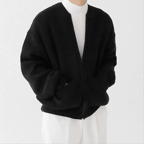 Men's Oversized Ribbed Knit Zip Cardigan Jacket - VibeVaultSupply
