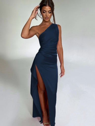 Women's One-Shoulder Satin Maxi Dress – Elegant Slit Gown - VibeVaultSupply