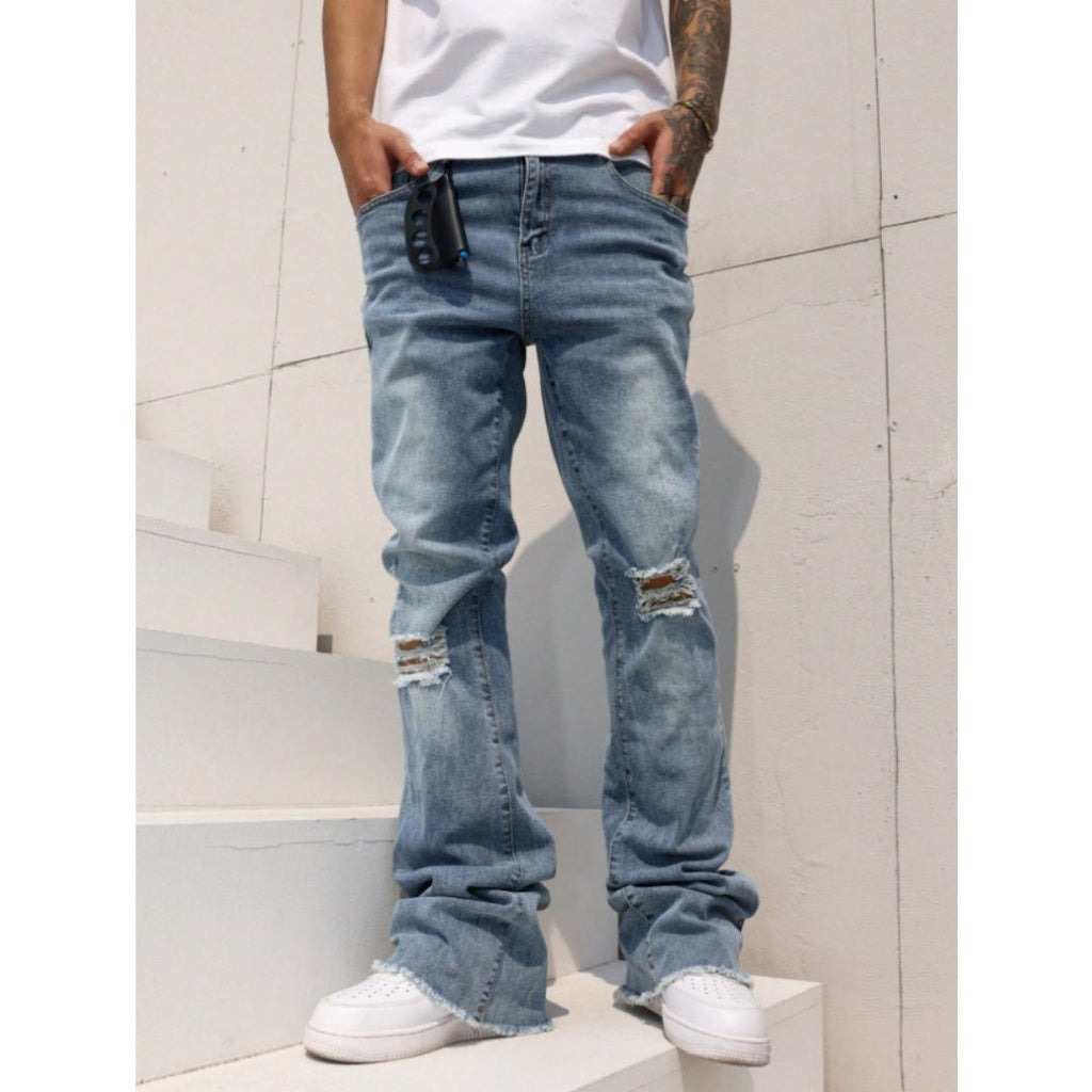 Men's Vintage Wash Ripped Wide Leg Jeans - VibeVaultSupply
