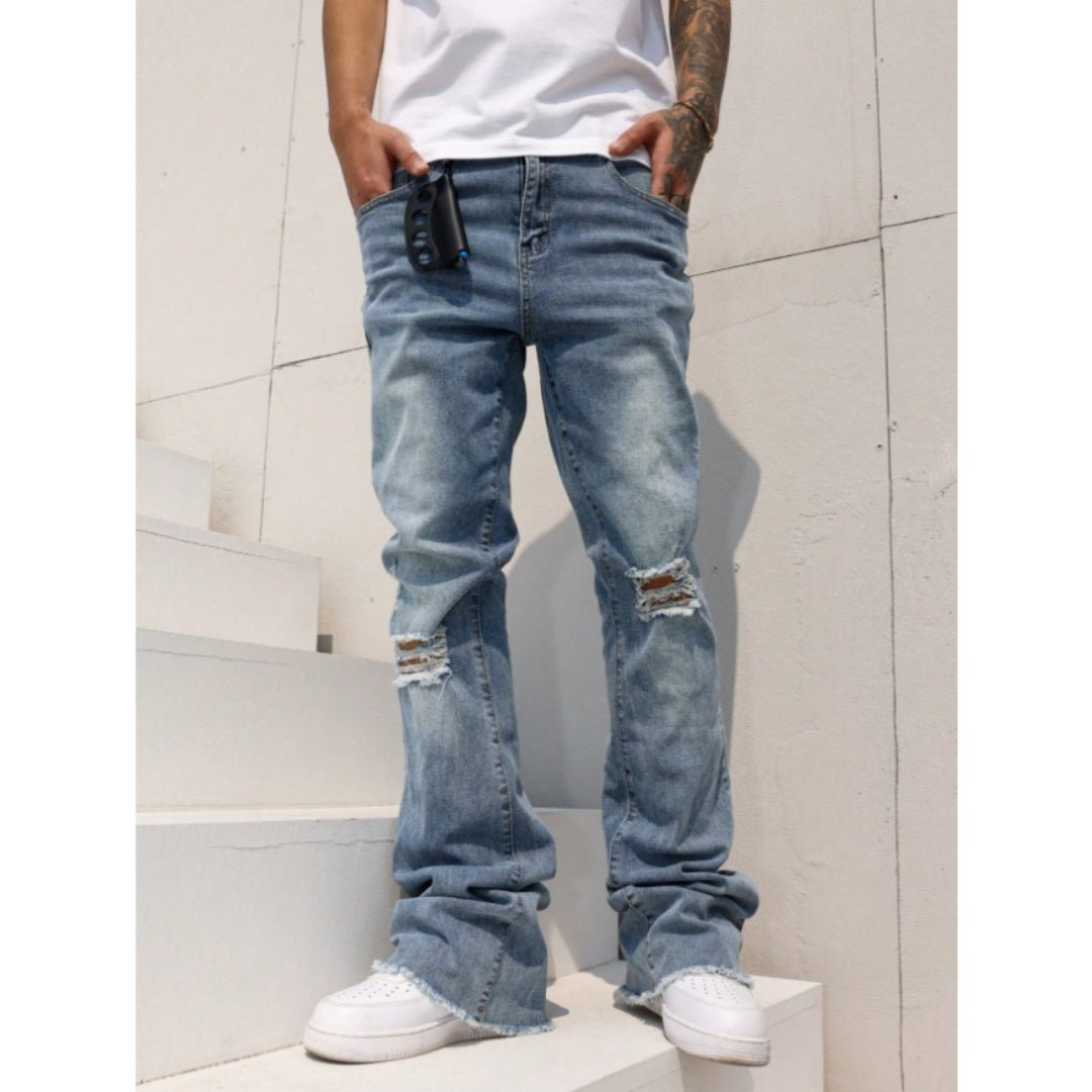 Men's Vintage Wash Ripped Wide Leg Jeans - VibeVaultSupply