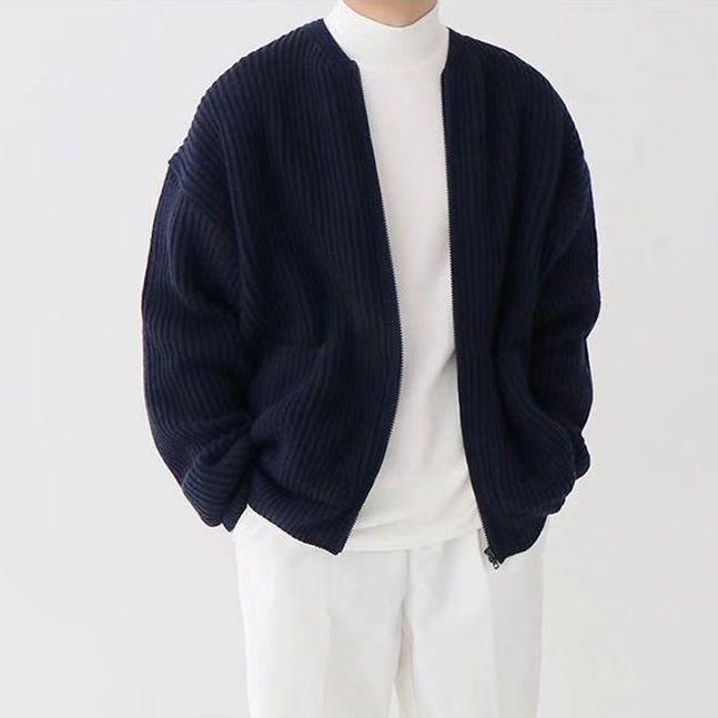 Men's Oversized Ribbed Knit Zip Cardigan Jacket - VibeVaultSupply