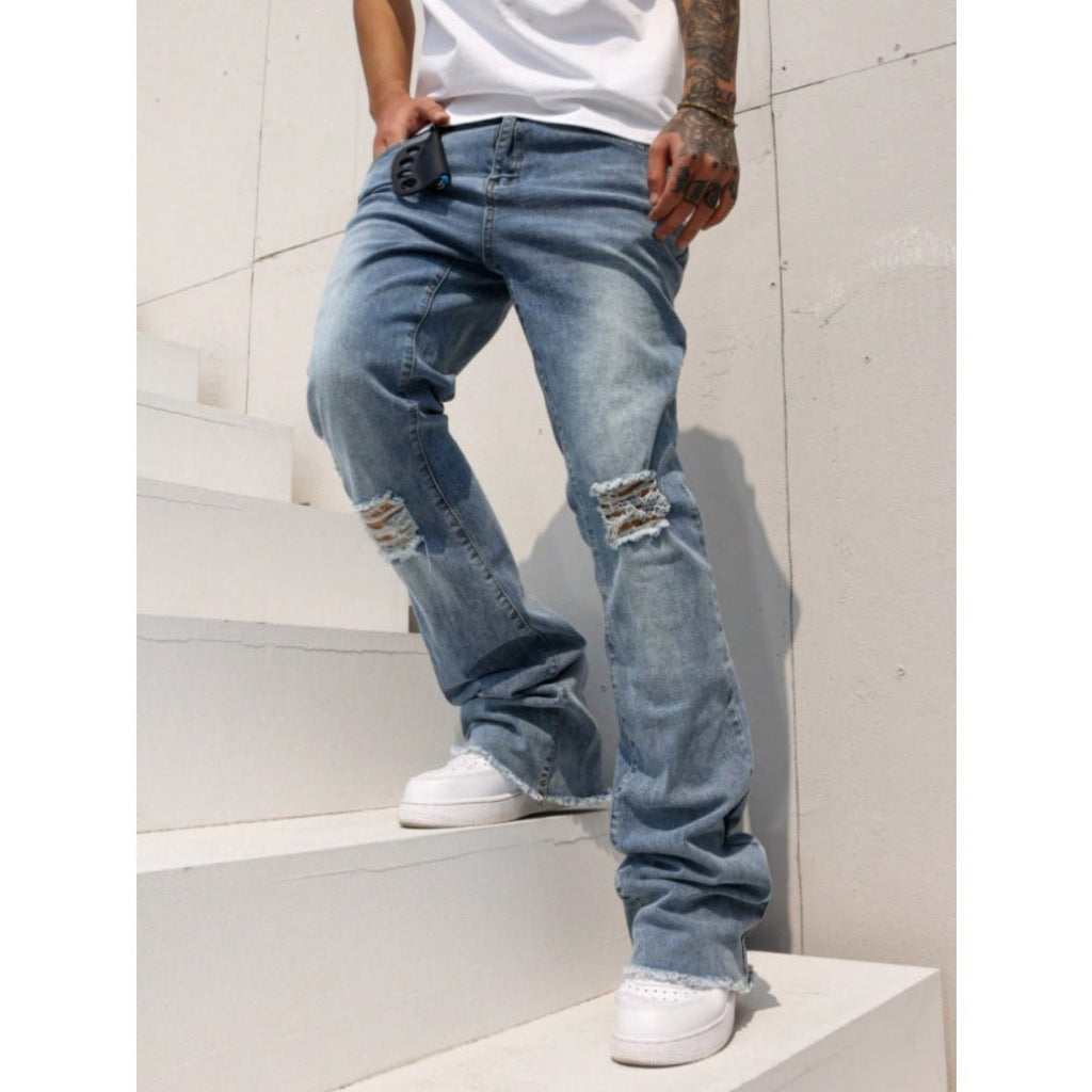 Men's Vintage Wash Ripped Wide Leg Jeans - VibeVaultSupply
