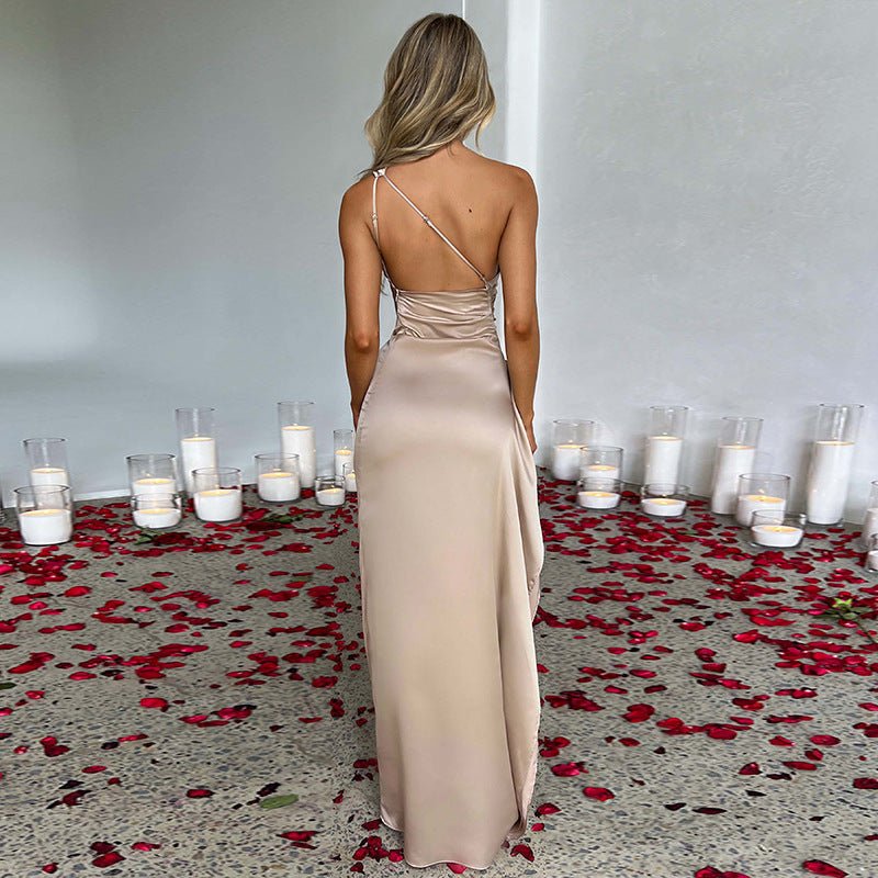 Women's One-Shoulder Satin Maxi Dress – Elegant Slit Gown - VibeVaultSupply