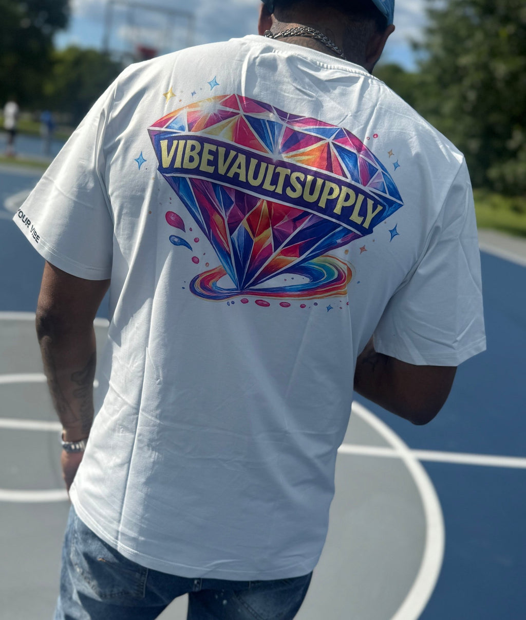 VVS multicolor retro logo tee detail shot – bold graphic streetwear design