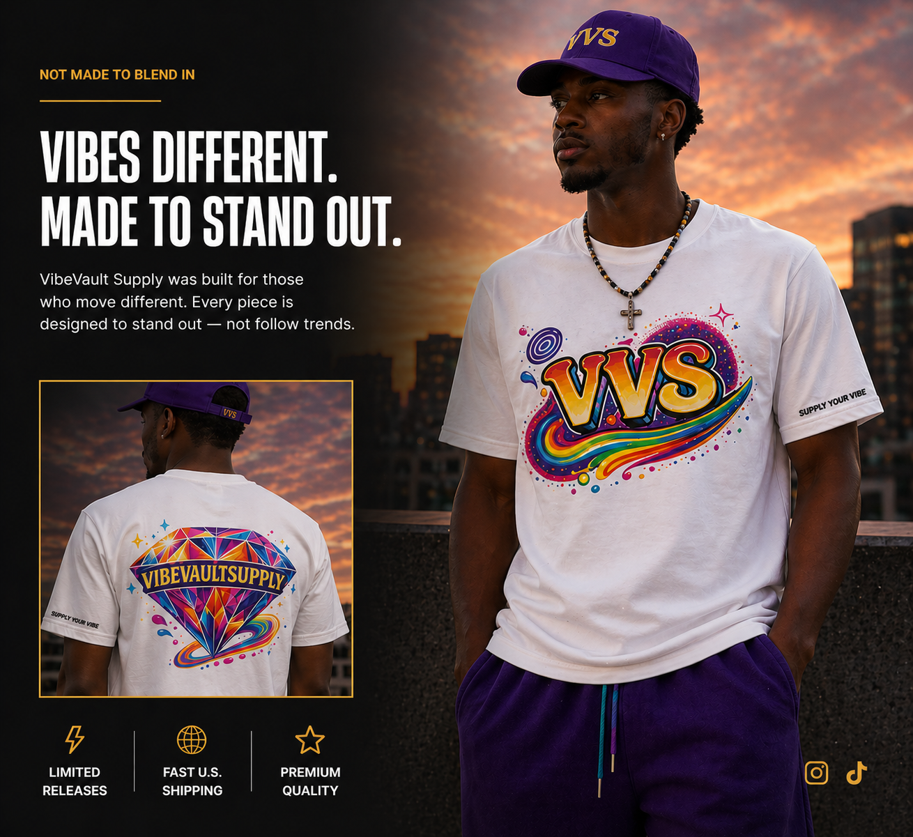 Man wearing a white t-shirt with colorful 'VVS' logo against a sunset cityscape.