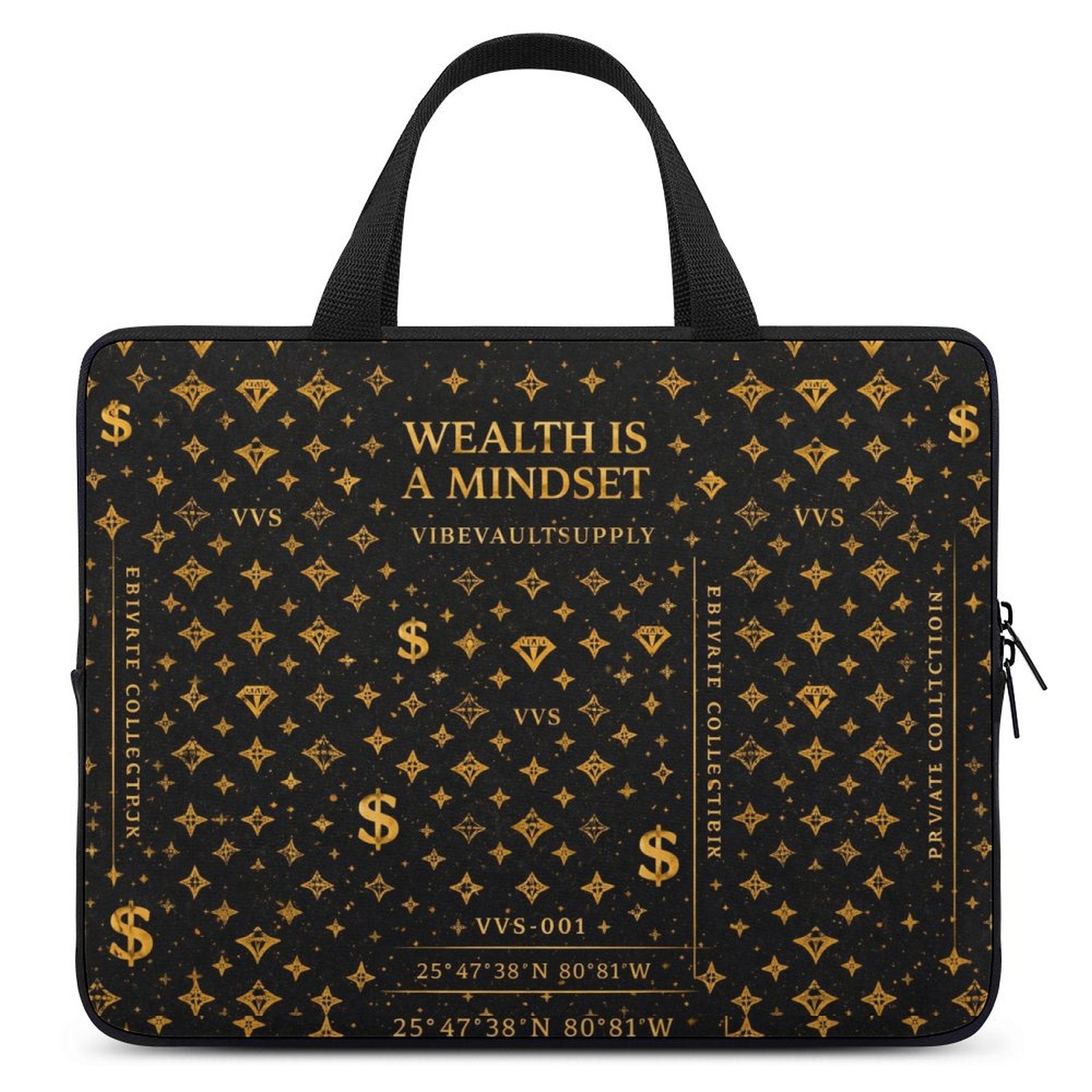 Wealth Is A Mindset Laptop Sleeve – Black & Gold Luxury Laptop Case | VibeVault Supply - VibeVaultSupply
