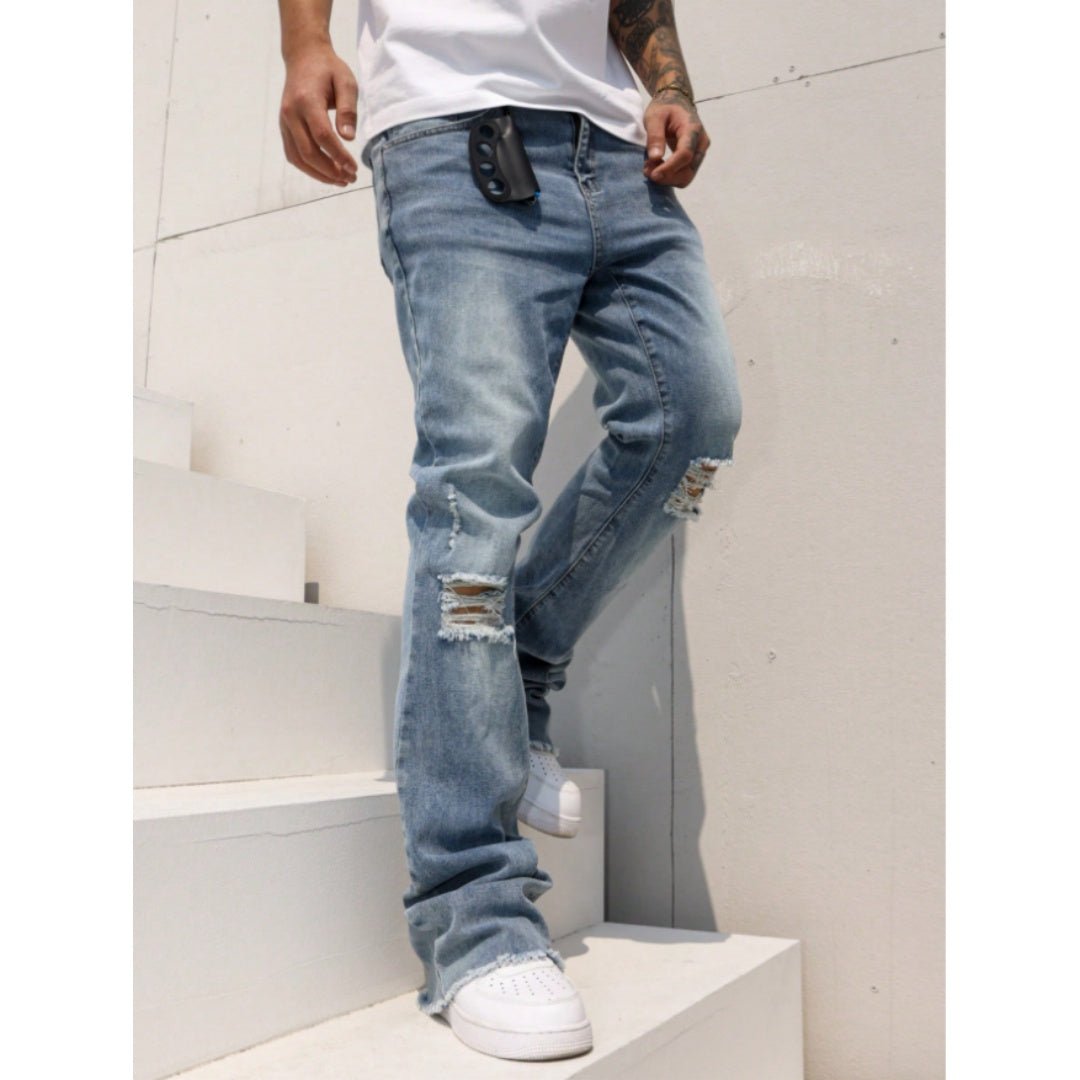 Men's Vintage Wash Ripped Wide Leg Jeans - VibeVaultSupply