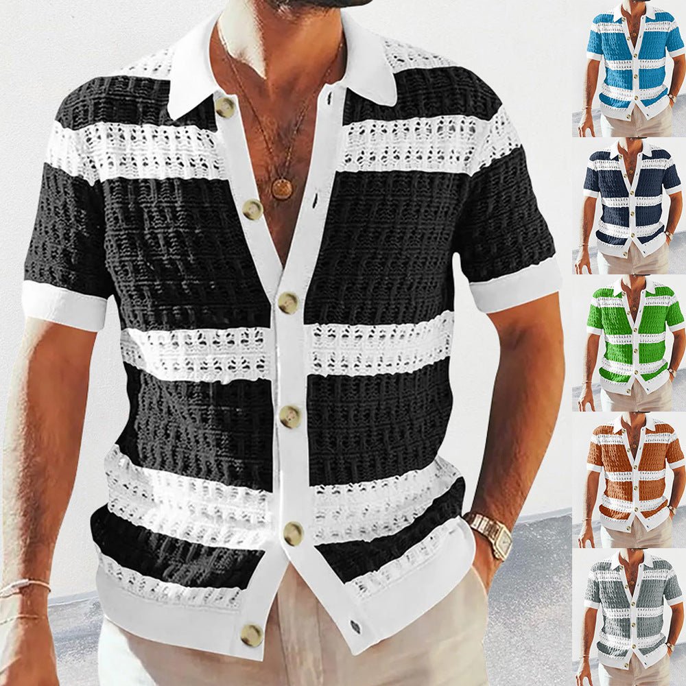 Men's Vintage Crochet Knit Polo Shirt - VibeVaultSupply