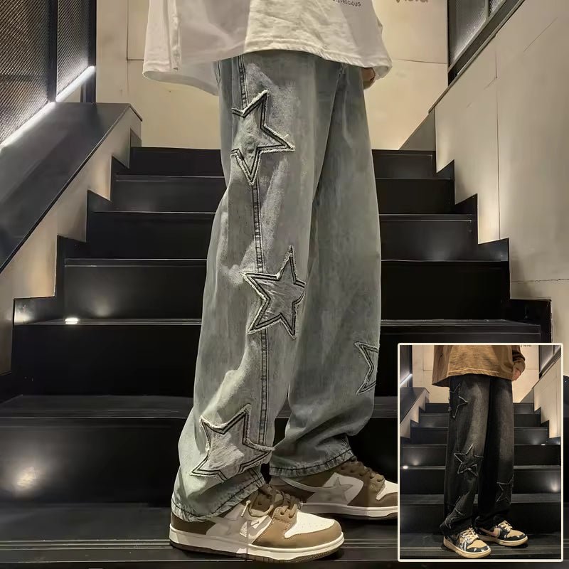Men's Star Embroidered Wide Leg Jeans – Y2K Streetwear Denim - VibeVaultSupply