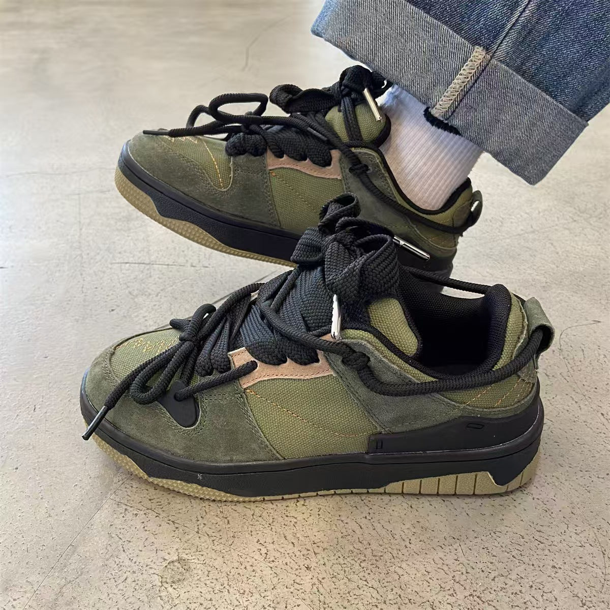 VibeVaultSupply Chunky Lace - Up Sneakers – Breathable Mesh Casual Shoes | Lightweight Everyday Trainers (Black & Army Green) - VibeVaultSupply