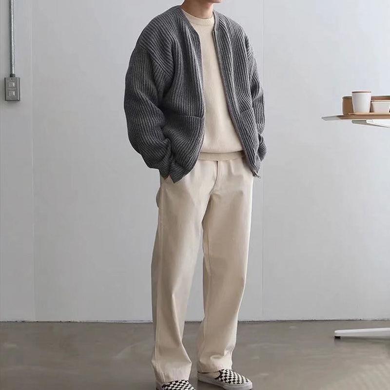 Men's Oversized Ribbed Knit Zip Cardigan Jacket - VibeVaultSupply