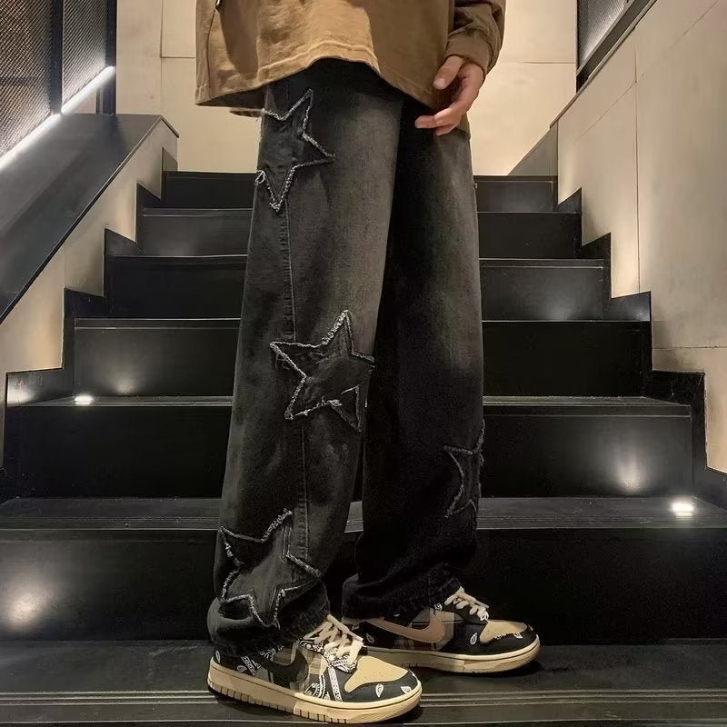Men's Star Embroidered Wide Leg Jeans – Y2K Streetwear Denim - VibeVaultSupply
