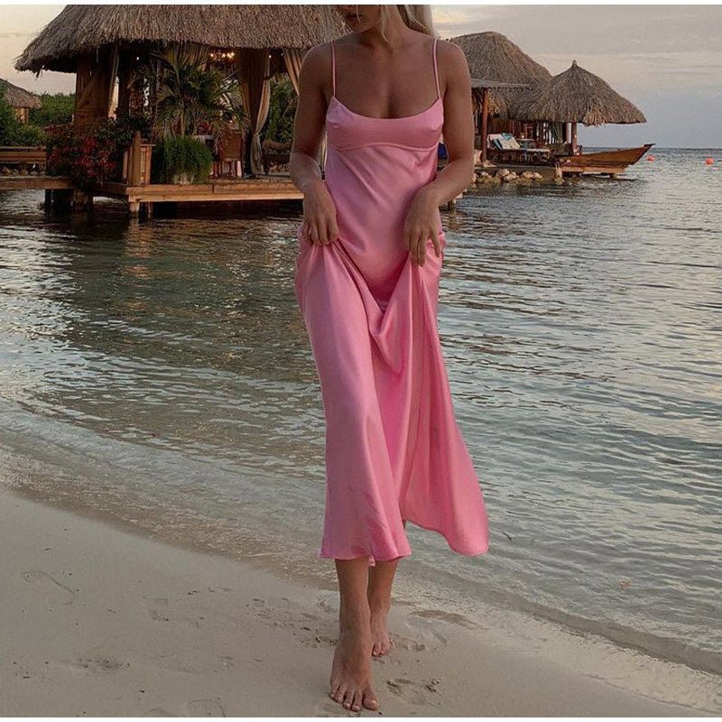 Women's Satin Backless Maxi Dress – Elegant Summer Slip Dress - VibeVaultSupply