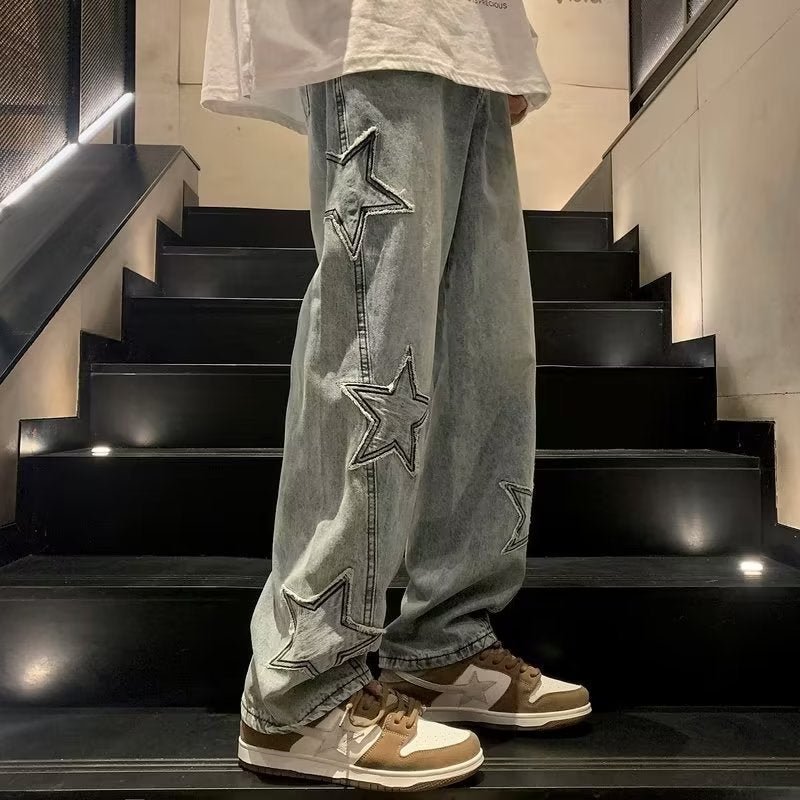 Men's Star Embroidered Wide Leg Jeans – Y2K Streetwear Denim - VibeVaultSupply