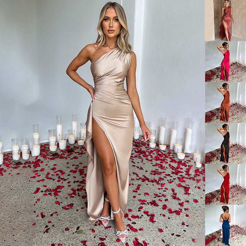Women's One-Shoulder Satin Maxi Dress – Elegant Slit Gown - VibeVaultSupply