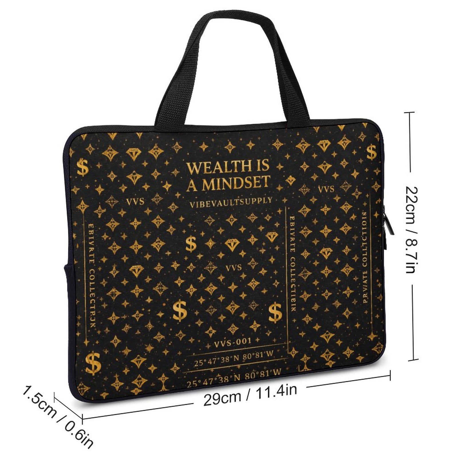 Wealth Is A Mindset Laptop Sleeve – Black & Gold Luxury Laptop Case | VibeVault Supply - VibeVaultSupply