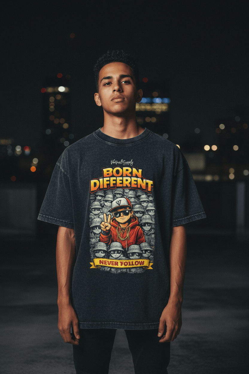 Born Different “Never Follow” Graphic T-Shirt – Motivational Streetwear Tee | VibeVaultSupply - VibeVaultSupply